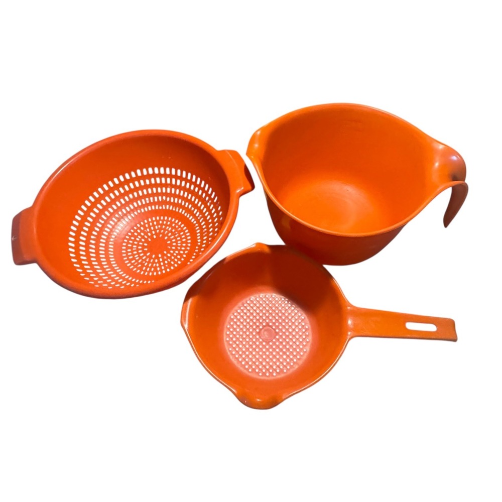 VTG 70s Orange Rubbermaid Villaware colander mixing bowl set 3 PC MCM 2661 2930 - Picture 2 of 16